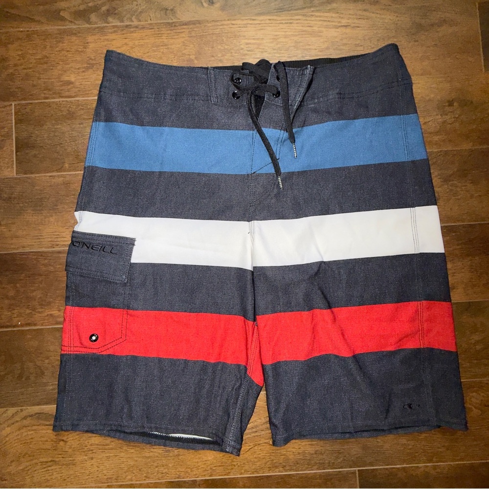 O'Neill Navy Blue White Red Striped Men's Board Shorts